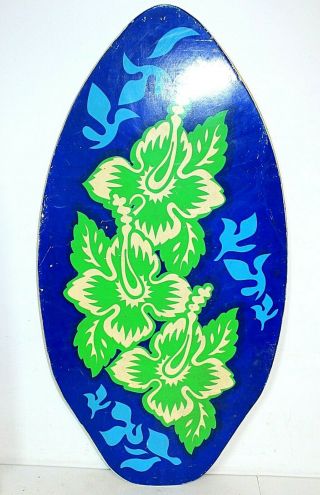 Vintage Wooden Skimboard,  Wood Surf Boogie Skim Board Blue Green Floral 37 " Long