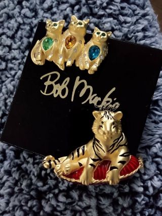 Vintage Bob Mackie Tiger On Pillow Tassel Enamel Brooch Pin Rhinestone Bonus Cat
