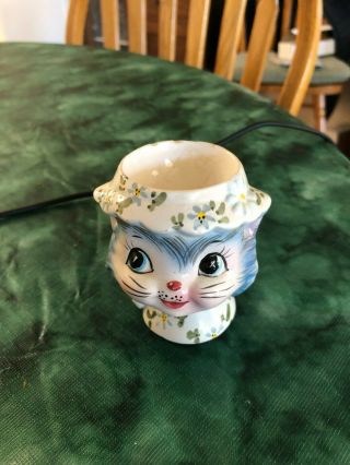 Vintage Lefton " Miss Priss " Blue Kitty Rare Egg Cup/holder 1510