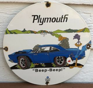 Vintage Porcelain 1967 Dated Plymouth Roadrunner Gas And Oil Sign