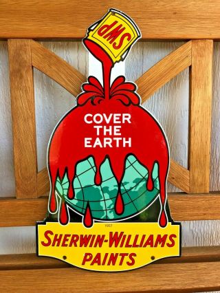 Vintage Sherwin - Williams Paints Swp Cutout 16 X 9 " Porcelain Enamel Sign,  Gas Ad