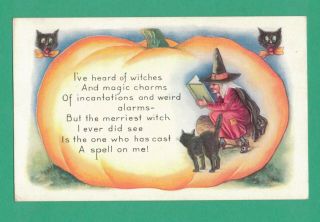 Vintage Whitney Halloween Postcard Witch Magic Charms Book Black Cats Pumpkin