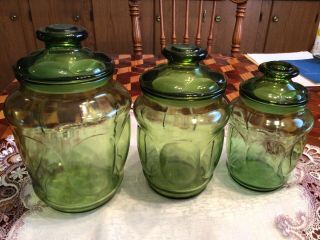 Vintage Green Depression Glass Apothercary Jar Canisters Lids