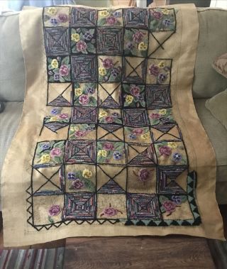 Vintage Unfinished Hand Hooked Rug Flowers Geometric 41 " X 61.  5 "