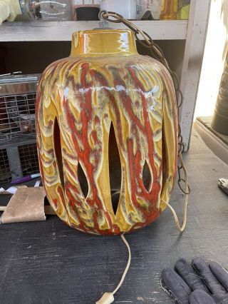 Vtg Mcm Mid Century Swag Lamp Ceramic Drip Glaze Orange Yellow Brown ￼tested