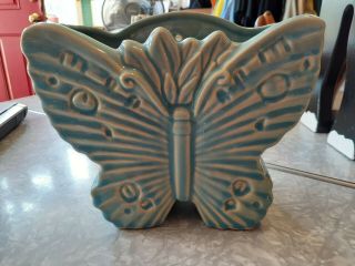 Vintage 1940s Mccoy Pottery Ceramic Butterfly Wall Pocket Vase Aqua Blue 6 "
