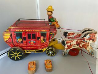 Vintage Fisher Price Stage Coach Gold Star Line Pull Toy 1950 