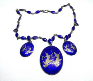 Vintage Siam Sterling Silver Blue Niello Enamel Hindu Goddess 16” Necklace