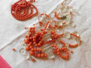 Vtg Art Deco Coral Glass & Crystal Beaded Broken Necklace For Repair Or Beads