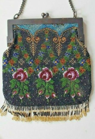 Antique Lovely Glass Bead Purse Bag With Flowers Great Colors