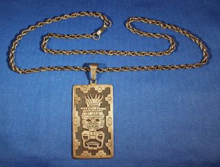 Vintage Mexico 925 Sterling Silver Necklace With Aztec Image Artist Signed