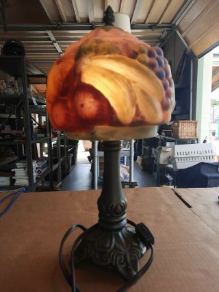 Vintage Table Lamp Reverse Painted Pairpoint Type Glass Fruit Design Shade 16 "