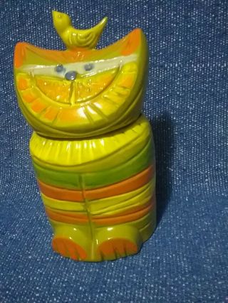 Vintage Mid Century Cookie Jar By = People Lover = Pottery Cat With Bird.