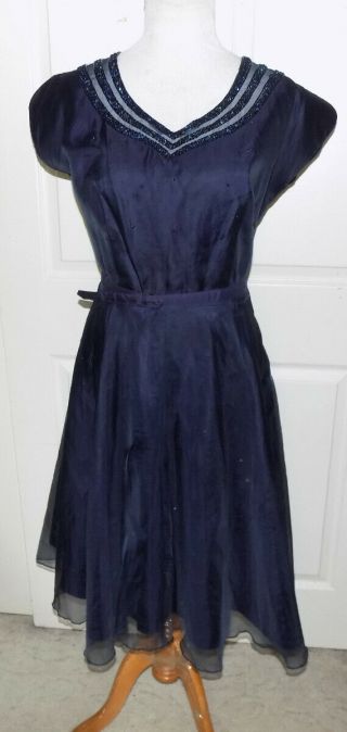 Vintage 40s 50s Navy Blue Beaded Chiffon Party Dress Slim Miss B44 Side Zipper