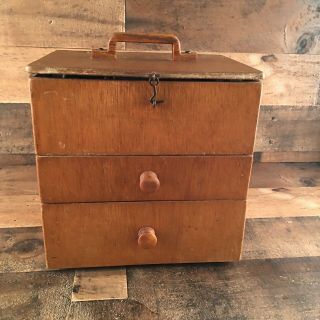 Vintage Wooden Sewing Box With Drawers Includes Vintage Thread And Accessories