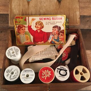 Vintage Wooden Sewing Box with Drawers Includes Vintage Thread And Accessories 2