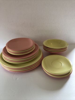 Vintage Pink Yellow Boontonware Melmac Melamine 20 Pc Set Plates Bowls