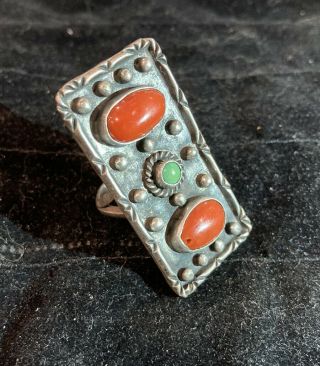 Vintage Handmade Navajo Heavy Sterling Silver Ring With Red Coral & Turquoise