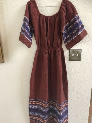 Vintage Hand Woven Dress From Guatemala - Deep Brown/red Short Sleeves - Size 12