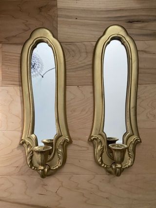 Vintage Pair Metal Gold Color Wall Sconces Oval Mirror Candle Holder