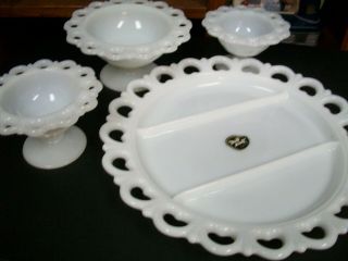 Nwt Vintage Anchor Hocking Glass Milk White Divided Plate Lace Edge,  3 Compote