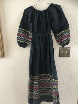 Vintage Hand Woven Dress From Guatemala - Deep Green 3/4 Sleeves - Small S