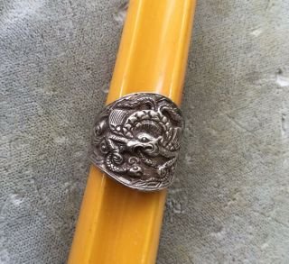 Vintage Chinese Sterling Silver Beautifully Engraved Dragon Bikers Wide Ring.