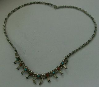 Vintage 925 Sterling Silver Squash Blossom Necklace W Turquoise &coral Cabachons