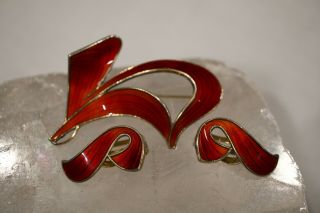 Ivar T Holth Norway Vintage Sterling Silver Red Enamel Brooch & Clip Earrings