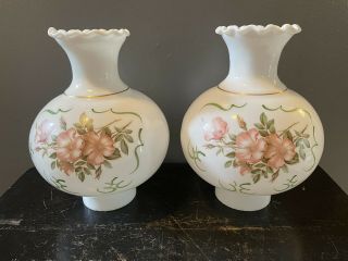 Vintage Hand Painted Floral Glass Lamp Shade (set Of 2) Hurricane