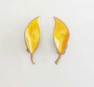 Vintage Sterling Silver Yellow Enamel Leaf Clip On Earrings David Andersen