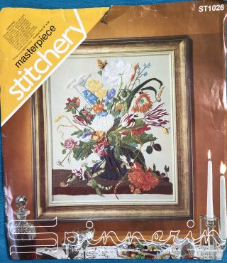 Vintage Spinnerin Masterpiece Floral Crewel Embroidery Kit On Satin 18x24 St1026