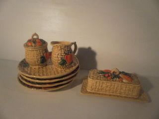 7 Pc.  Vintage Lefton Ceramic Basket Weave Embossed Fruit
