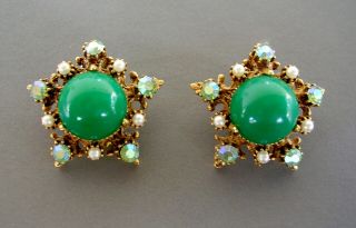 Vintage Florenza Signed Green Cabochon & Rhinestone Star Shape Clip Earrings