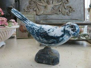 Fabulous Old Vintage Cast Iron Metal Bird Time Worn Blue & White Paint