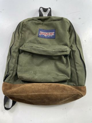 Vintage Jansport Backpack Bag Green Canvas W Leather Suede Bottom Made In Usa