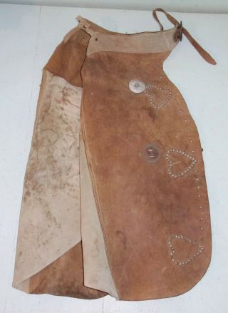 Vintage Childs Leather Batwing Chaps Chinks Studded Hearts Cowboy Rodeo Ranch