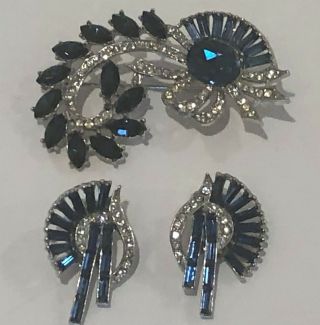 Vintage Wiesner Pin Brooch And Earrings Set Blue & Clear Rhinestones