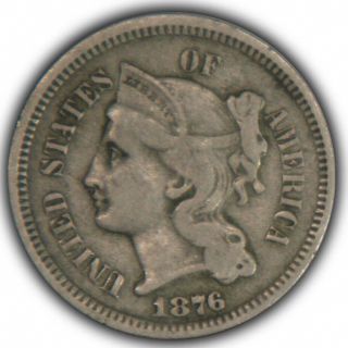 1876 Three Cent Nickel,  Old Vintage Us Coin,  F - Vf