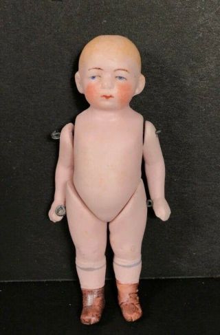Vintage Bisque Wire Jointed Boy Baby Doll,  4 " Miniature Painted Blue Eyed Boy