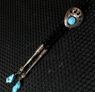Old Pawn Vintage Navajo Sleeping Beauty Bear Paw Turquoise Sterling Bolo Tie