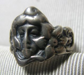 Vintage Art Nouveau Sterling Silver Mucha Lady Face Ring Lady Size 6.  5