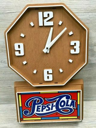 Vintage Pepsi Cola Woodgrain Octagon Plastic Wall Clock Battery Operated 1970 