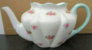 Vintage Shelley Dainty Rosebud Teapot Aqua Handle Edges 13426 No Lid