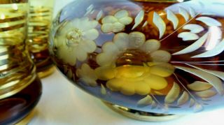 Vintage Amber Glass Decanter Etched Floral Gilt Bottle 6 Glasses Murano Venetian
