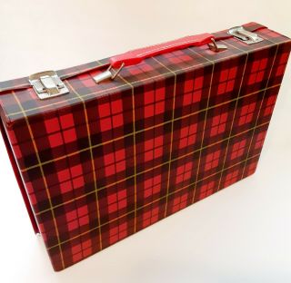 Vintage Plastic Red Plaid Brief Case With Red Plastic Handle And Umbrella Holder