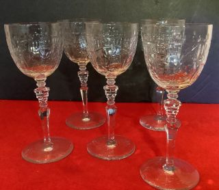 Vintage Set Of 5 Cut Crystal Stemware Glasses Flowers Vines U - Shaped Bowl