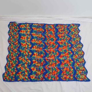 Vintage 70s Blue Rainbow Crochet Knit Afghan Throw Blanket