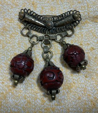 Vintage Gray Kingsburg Art Deco Style Chinese Carved Cinnabar Dangle Brooch Pin