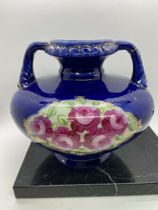 Antique Nippon Handled Vase Hand Painted Roses Cobalt & Beaded Gold Moriage
